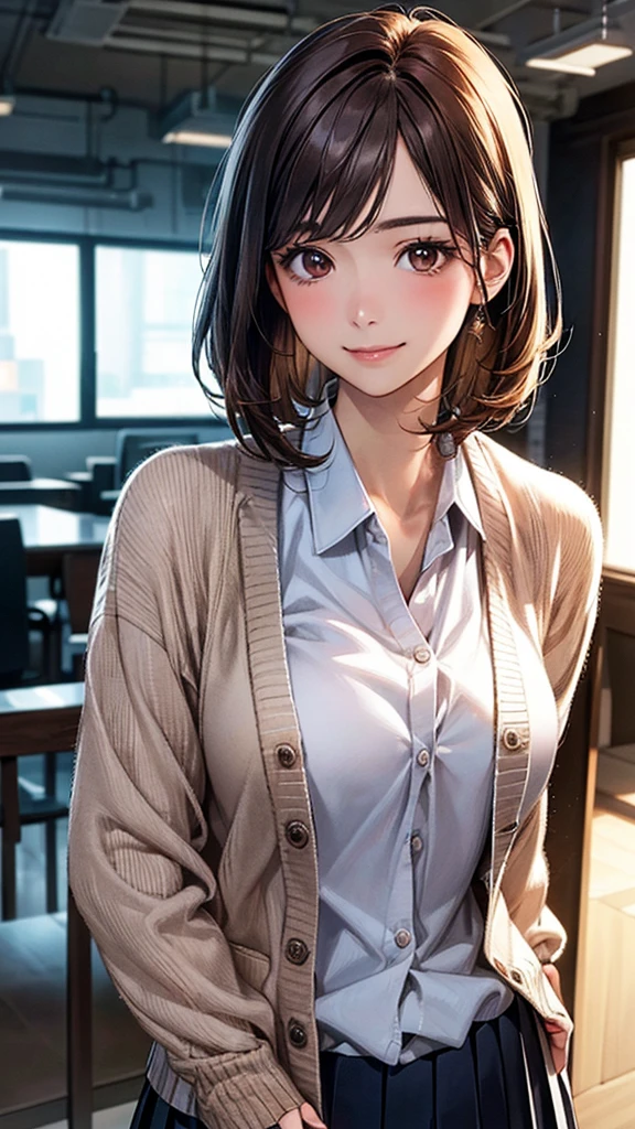 (masterpiece:1.2, Highest quality), (Realistic, photoRealistic:1.4), Beautiful illustrations, (Natural Side Lighting, Cinema Lighting), 
View your viewers, (Face Focus, Upper Body), Front view:1.0, 1 Girl, Japanese, office lady, 167 years old, Perfect Face, Cute and symmetrical face, Shiny skin, 
(short hair:1.7, Straight hair:1.4, Reverse hair, Brown Hair), Parted bangs, Light brown eyes, Long eyelashes, (Medium chest), thin, 
Beautiful Hair, Beautiful Face, Beautiful attention to detail, Beautiful clavicle, Beautiful body, Beautiful breasts, Beautiful thighs, Beautiful feet, Beautiful fingers, 
((Detailed cloth texture, (Tan Cardigan, Closed Cardigan), White collared shirt, Navy Pleated Skirt, Please edit this)), 
(Beautiful views), evening, (Outside the park), Are standing, (Smile, Upward glance), 