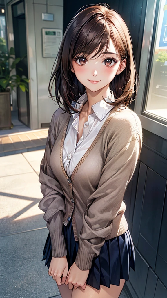 (masterpiece:1.2, Highest quality), (Realistic, photoRealistic:1.4), Beautiful illustrations, (Natural Side Lighting, Cinema Lighting),
View your viewers, (Face Focus, Upper Body), Front view:1.0, 1 Girl, Japanese, office lady, 167 years old, Perfect Face, Cute and symmetrical face, Shiny skin,
(short hair:1.7, Straight hair:1.4, Reverse hair, Brown Hair), Parted bangs, Light brown eyes, Long eyelashes, (Medium chest), thin,
Beautiful Hair, Beautiful Face, Beautiful attention to detail, Beautiful clavicle, Beautiful body, Beautiful breasts, Beautiful thighs, Beautiful feet, Beautiful fingers,
((Detailed cloth texture, (Tan Cardigan, Closed Cardigan), White collared shirt, Navy Pleated Skirt, Please edit this)),
(Beautiful views), evening, (Outside the park), Are standing, (Smile, Upward glance),