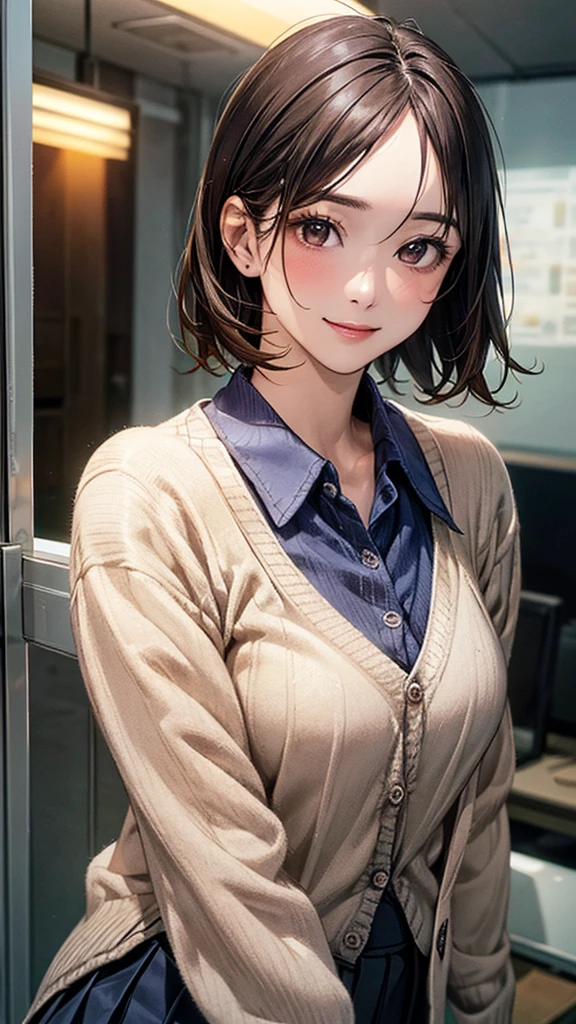 (masterpiece:1.2, Highest quality), (Realistic, photoRealistic:1.4), Beautiful illustrations, (Natural Side Lighting, Cinema Lighting), 
View your viewers, (Face Focus, Upper Body), Front view:1.0, 1 Girl, Japanese, office lady, 167 years old, Perfect Face, Cute and symmetrical face, Shiny skin, 
(short hair:1.7, Straight hair:1.4, Reverse hair, Brown Hair), Parted bangs, Light brown eyes, Long eyelashes, (Medium chest), thin, 
Beautiful Hair, Beautiful Face, Beautiful attention to detail, Beautiful clavicle, Beautiful body, Beautiful breasts, Beautiful thighs, Beautiful feet, Beautiful fingers, 
((Detailed cloth texture, (Tan Cardigan, Closed Cardigan), White collared shirt, Navy Pleated Skirt, Please edit this)), 
(Beautiful views), evening, (Outside the park), Are standing, (Smile, Upward glance), 