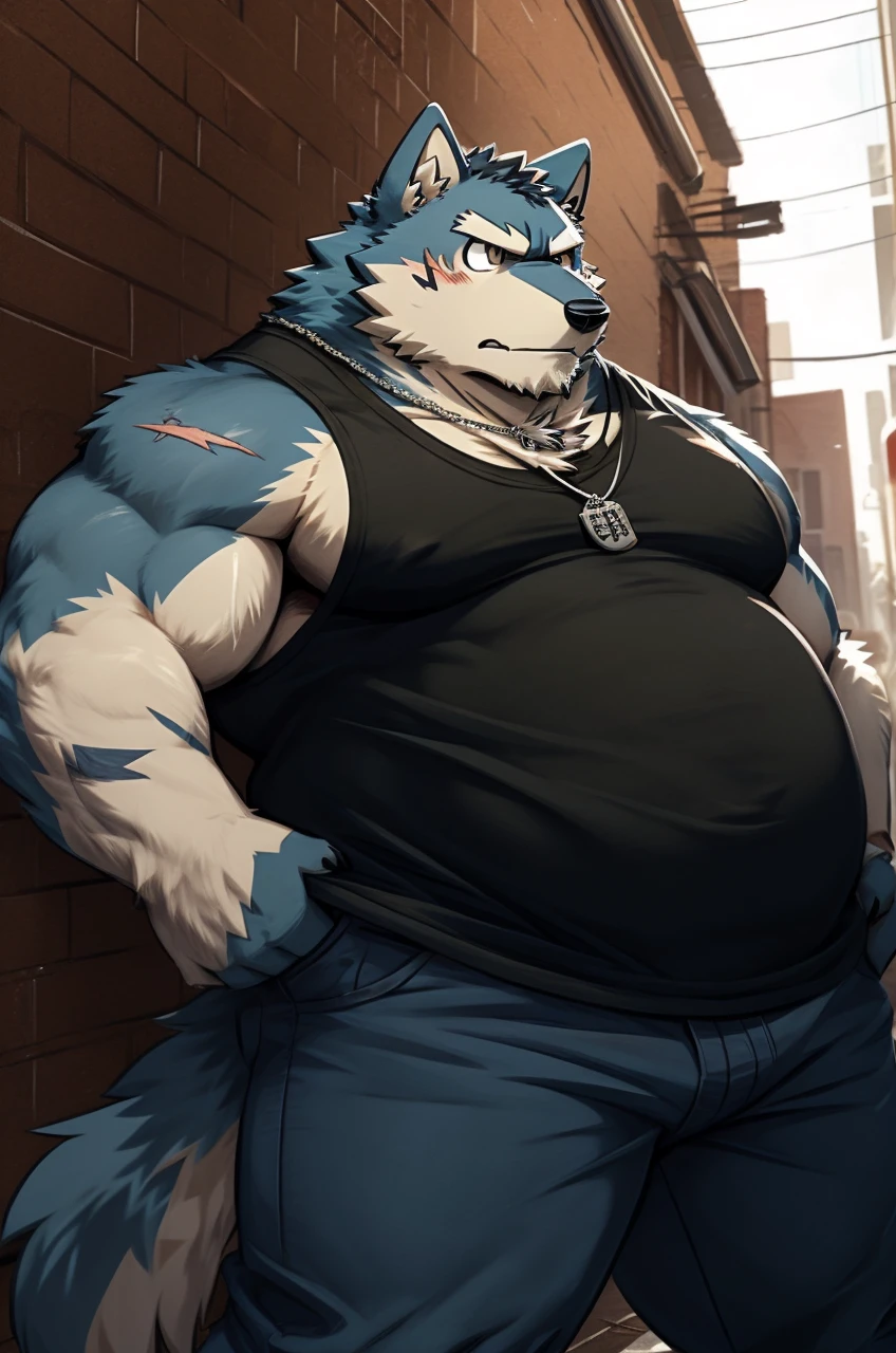 sketch of anthro overweight wolf with big round belly stands in an urban alleyway. serious expression is marked by a small scar on his cheek. He sports a black tank top, blue jeans, and a dog tag necklace, digital art, anime stylish style, kemono art, e621, pixiv, cartoonish