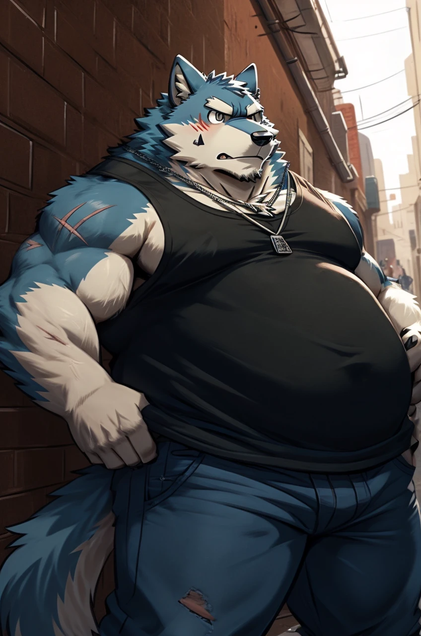 sketch of anthro overweight wolf with big round belly stands in an urban alleyway. serious expression is marked by a small scar on his cheek. He sports a black tank top, blue jeans, and a dog tag necklace, digital art, anime stylish style, kemono art, e621, pixiv, cartoonish