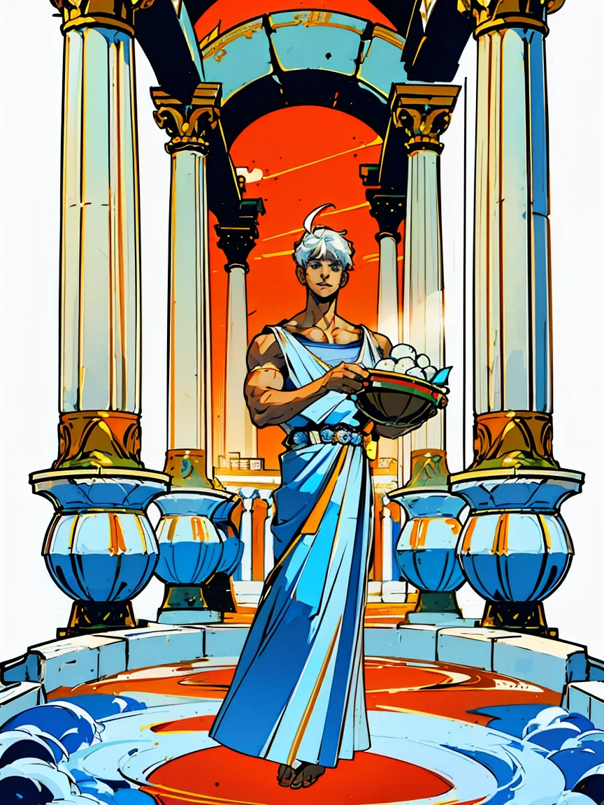 1boy, alone, 25 years old, young, white hair, blue eyes, insister sur les reflets des yeux bleus, cheveux blancs, mid lenght hair, bowl haircut, bowl hair cut, boss, formal business outfit, white outfit, arrogant look, hades style, hades game, Jen zee style, greek themed image, greek background, hypnos, tartarus scenery, fumes, greek columns in background, lots of columns, greek architecture, white themed image, white furniture, orange touches of color, orange walls, looking at viewer, holding an amphora