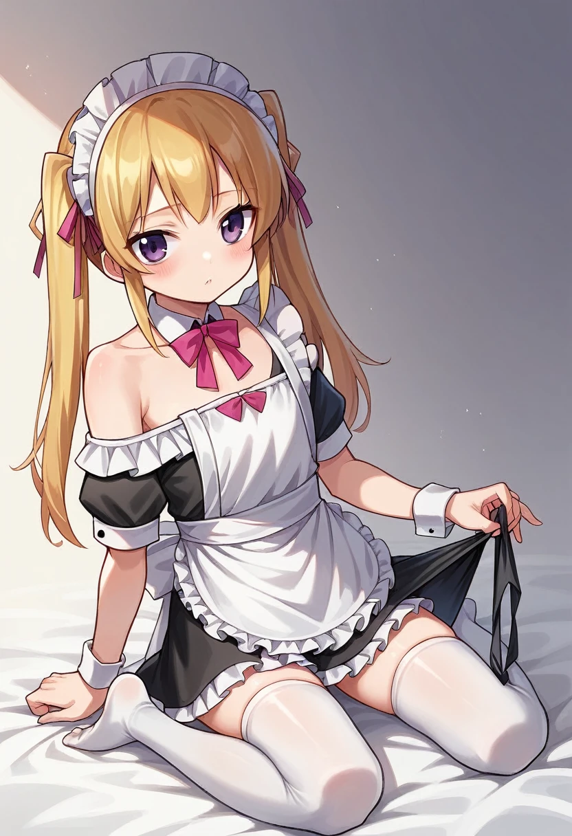 masterpiece1.0, best quality1.0, FHD1.0, female , 
****,cute,cute,cute, cheerful, kneeling, looking at viewer, twintail, blonde,  , hair ribbon, thighhighs, ((((((frilled clothing)))))), ((((((off shoulder)))))), ((((((undone clothing)))))), ((((((mini skirt)))))), ((((((maid)))))), ((((((apron)))))), ((((((absurdres)))))), ((((((kawaii)))))), ((((((cel anime)))))),fullbody