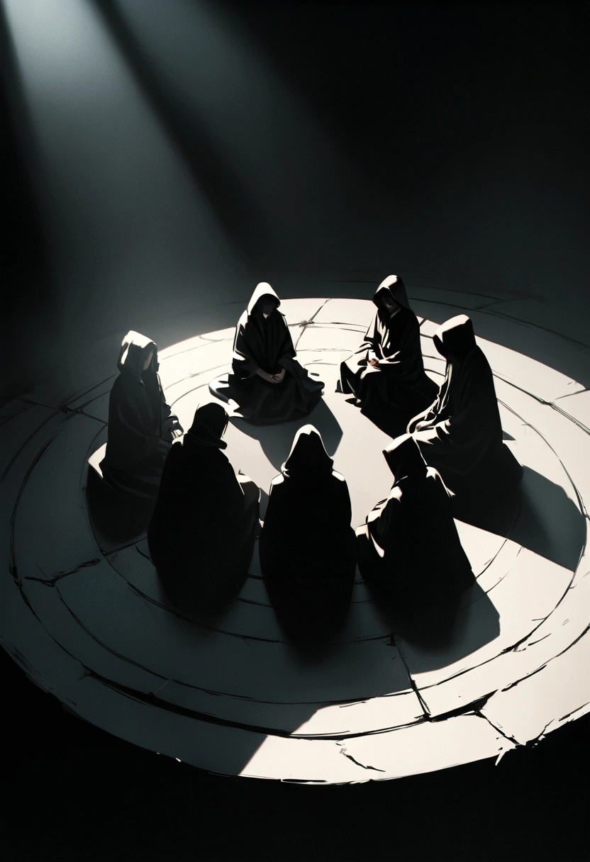 "A group of 4 people wearing large black robes with hoods, sitting in a circle in a dark location, side view, minimalist characters, 8k resolution, high definition, photorealistic style, cinematic lighting, melancholic atmosphere, dramatic shadows, muted color palette."