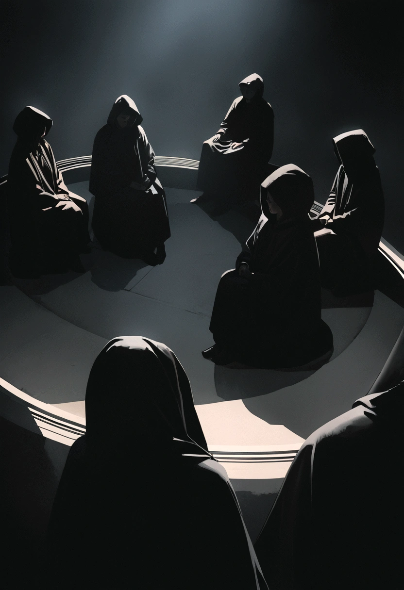 "A group of 4 people wearing large black robes with hoods, sitting in a circle in a dark location, side view, minimalist characters, 8k resolution, high definition, photorealistic style, cinematic lighting, melancholic atmosphere, dramatic shadows, muted color palette."