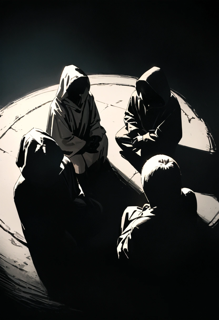 "A group of 4 people wearing large black robes with hoods, sitting in a circle in a dark location, side view, minimalist characters, 8k resolution, high definition, photorealistic style, cinematic lighting, melancholic atmosphere, dramatic shadows, muted color palette."