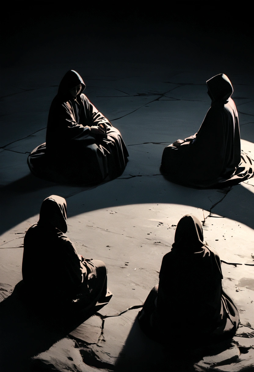 "A group of 4 people wearing large black robes with hoods, sitting in a circle in a dark location, side view, minimalist characters, 8k resolution, high definition, photorealistic style, cinematic lighting, melancholic atmosphere, dramatic shadows, muted color palette."