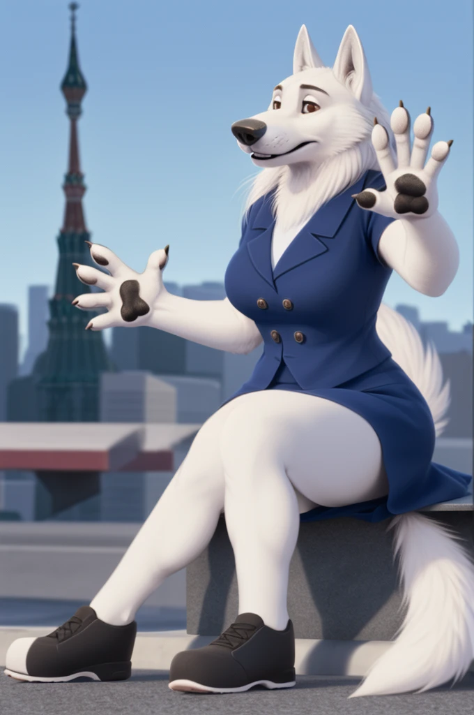 Barbara\(Moscow\), (white body:1.3), white fur, Brown eyes, Moscow, dressed, bank employee uniform,White shirt, long skirt, long hair,shoes, is sitting, canine, wolf, Detailed fur, Female, breast, antro, paw pads, finger claws, waving, waving at viewer, 5 fingers, paws, 4 toes,ring,
BREAK from nextel, for dating, by xenoforge, (difficult, high detail, film photography, soft focus, RAW is sitting,
Photorealism, realistic, photorealistic, digital style, Subsurface scattering,
masterpiece, Best quality, ultra realistic, 8 k)