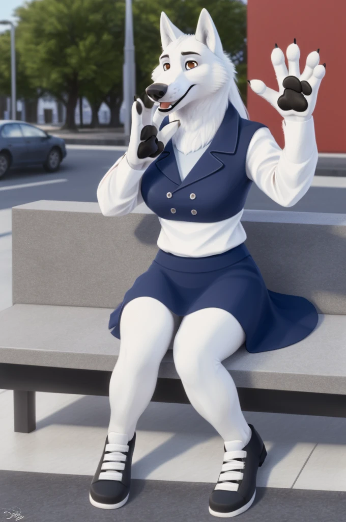 Barbara\(Moscow\), (white body:1.3), white fur, Brown eyes, Moscow, dressed, bank employee uniform,White shirt, long skirt, long hair,shoes, is sitting, canine, wolf, Detailed fur, Female, breast, antro, paw pads, finger claws, waving, waving at viewer, 5 fingers, paws, 4 toes,ring,
BREAK from nextel, for dating, by xenoforge, (difficult, high detail, film photography, soft focus, RAW is sitting,
Photorealism, realistic, photorealistic, digital style, Subsurface scattering,
masterpiece, Best quality, ultra realistic, 8 k)
