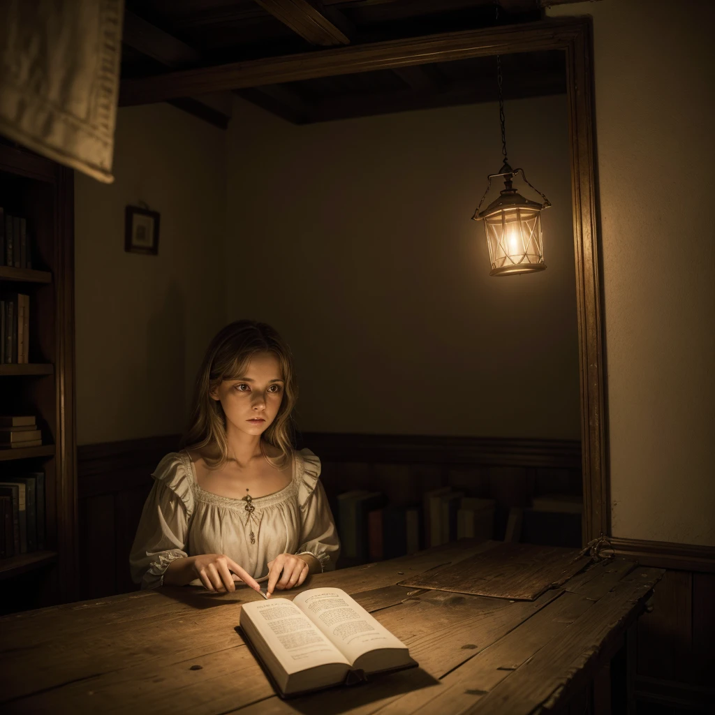 Chapter 2: Descobrindo o Vodu"Caroline Ellis is in the dark, dusty attic of the Devereaux mansion, segurando uma lanterna. Ela encontra um quarto oculto cheio de artefatos de vodu, incluindo bonecas de vodu, velas pretas e livros antigos com capas desgastadas. A luz da lanterna ilumina parcialmente o ambiente, criando sombras misteriosas. Caroline has an expression of surprise and uneasiness as she observes the objects around her.."
