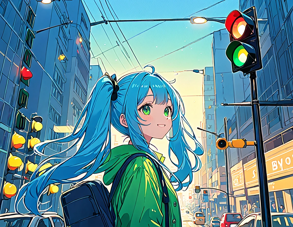 You can see the sea at the end of the slope、Traffic lights flashing blue against the sky、There is a woman looking up at a traffic light floating in the sky., Light blue long hair、Beautiful girl with twin tails、Bright smile、Green blouson、The traffic light is flashing blue、 Lo-fi art style, Nostalgic and melancholic artwork,