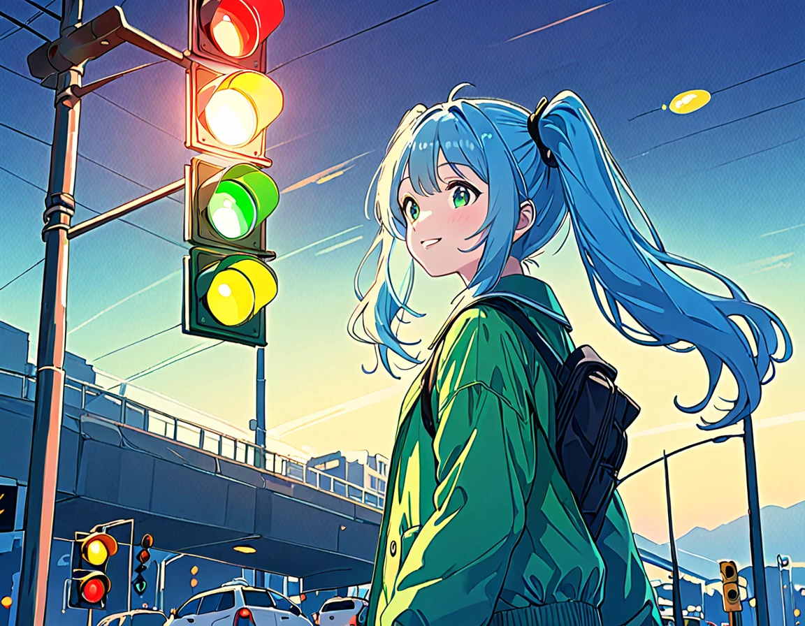 You can see the sea at the end of the slope、Traffic lights flashing blue against the sky、There is a woman looking up at a traffic light floating in the sky., Light blue long hair、Beautiful girl with twin tails、Bright smile、Green blouson、The traffic light is flashing blue、 Lo-fi art style, Nostalgic and melancholic artwork, 