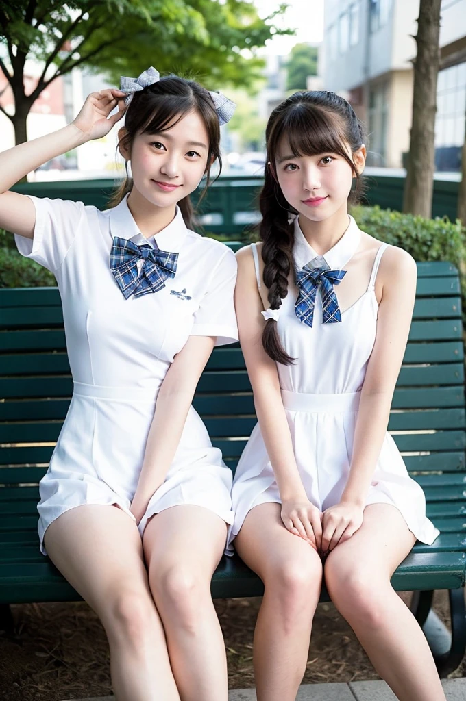 2 girls on bench in Japanese city,short-sleeved white leotard,white collar and plaid bow tie,school bags,18-year-old,bangs,a little smile,large bare thighs,knees,legs apart,short hair with low pigtails,from before,front light