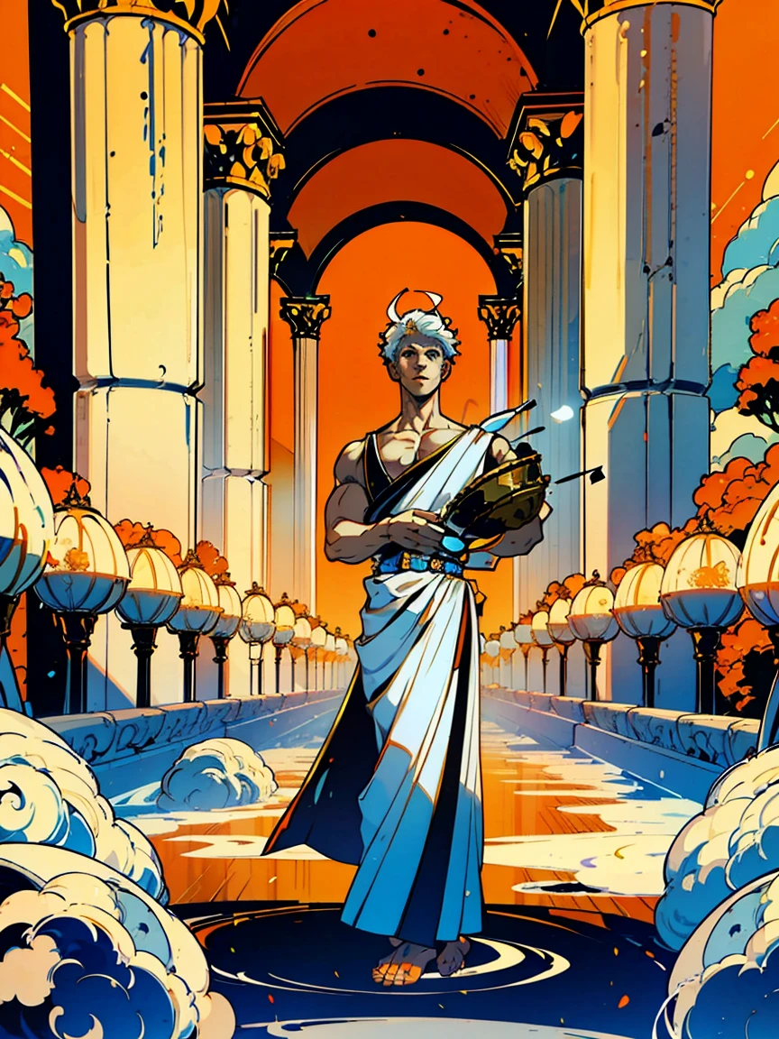 1boy, alone, 25 years old, young, white hair, blue eyes, insister sur les reflets des yeux bleus, cheveux blancs, mid lenght hair, bowl haircut, bowl hair cut, boss, formal business outfit, white outfit, arrogant look, hades style, hades game, Jen zee style, greek themed image, greek background, hypnos, tartarus scenery, fumes, greek columns in background, lots of columns, greek architecture, white themed image, white furniture, orange touches of color, orange walls, looking at viewer