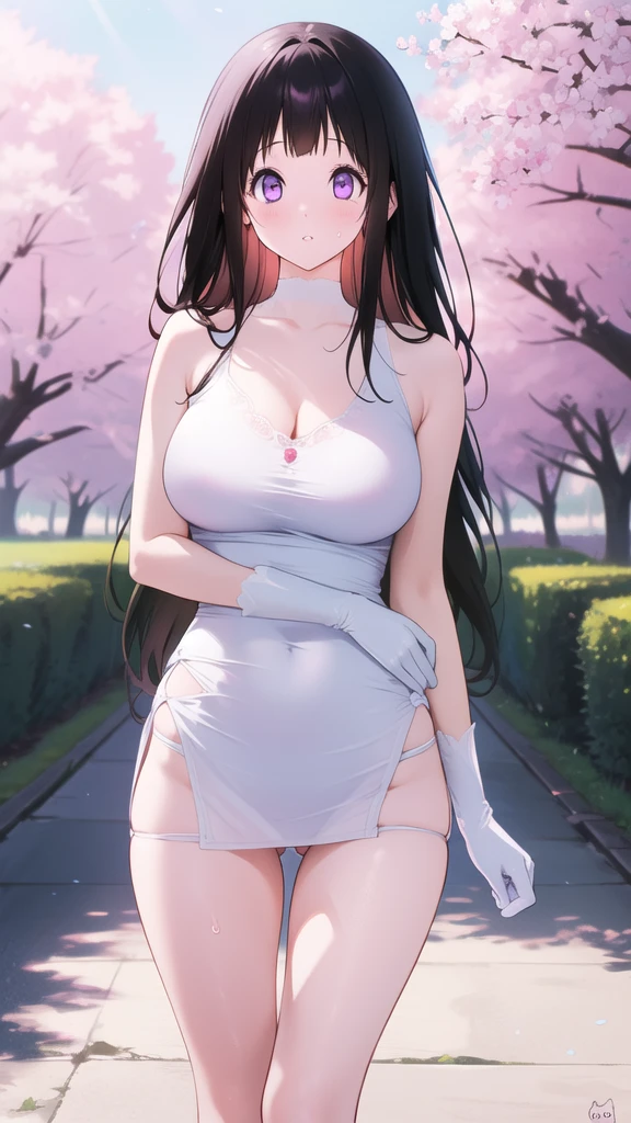 Amazing Chitanda, There is only one beautiful girl,Purple Eyes, Black Hair, Very red face,Very white skin,Glowing skin,Skin as delicate as porcelain,Naturally straight hair, Straight bangs,Extremely refined,Open lips,Long flowing hair,Beautiful Girl, Like a dream,Slim,Slim waist,Soft, (Sensual), (Kawaii), Dream quality,Beautiful big breasts,Transparent loose school uniform,Areola,Completely naked,White gloves,Flower decoration,Deep V neckline,Loose neckline,Wide neckline,Walking in school,Place your hands on your inner thighs,Sweaty and sweaty,Underwear Rain,Next to the cherry blossom trees,Back to,Lean over,Hips,Side body,Gluteal groove,Completely naked的臀部,Bare back,Completely naked的背部,Light transmission,(no pants),nopan,pussy juice,Bare shoulders,Bare neck,Exposed collarbone,Exposing breasts,Exposing breasts侧面,Exposing breasts下面,Show your waist,Show your buttocks,Show your thighs,Exposing the groin,(No pants),extremely shy,Ultra-high resolution, (masterpiece:1.2, best quality), (Delicate and beautiful eyes: 1.2), (Beautiful and delicate face)