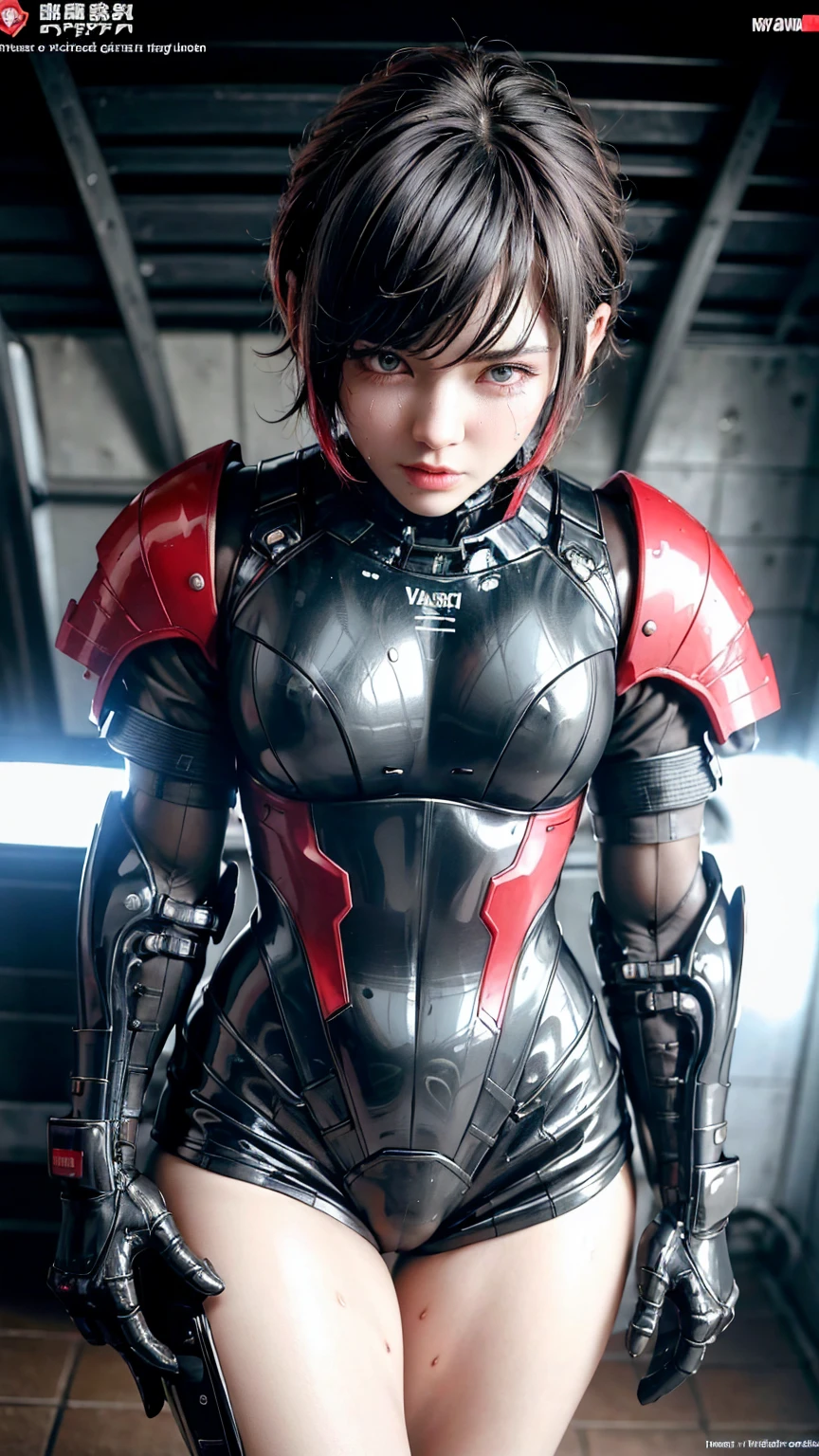 Highest quality 8k red cyber armor Middle-aged women Sweaty face cute short hair boyish Steam coming out of my head My hair is wet with sweat The feel of black hair Full body portrait My upper body is soaked I can see the vagina Lying in bed