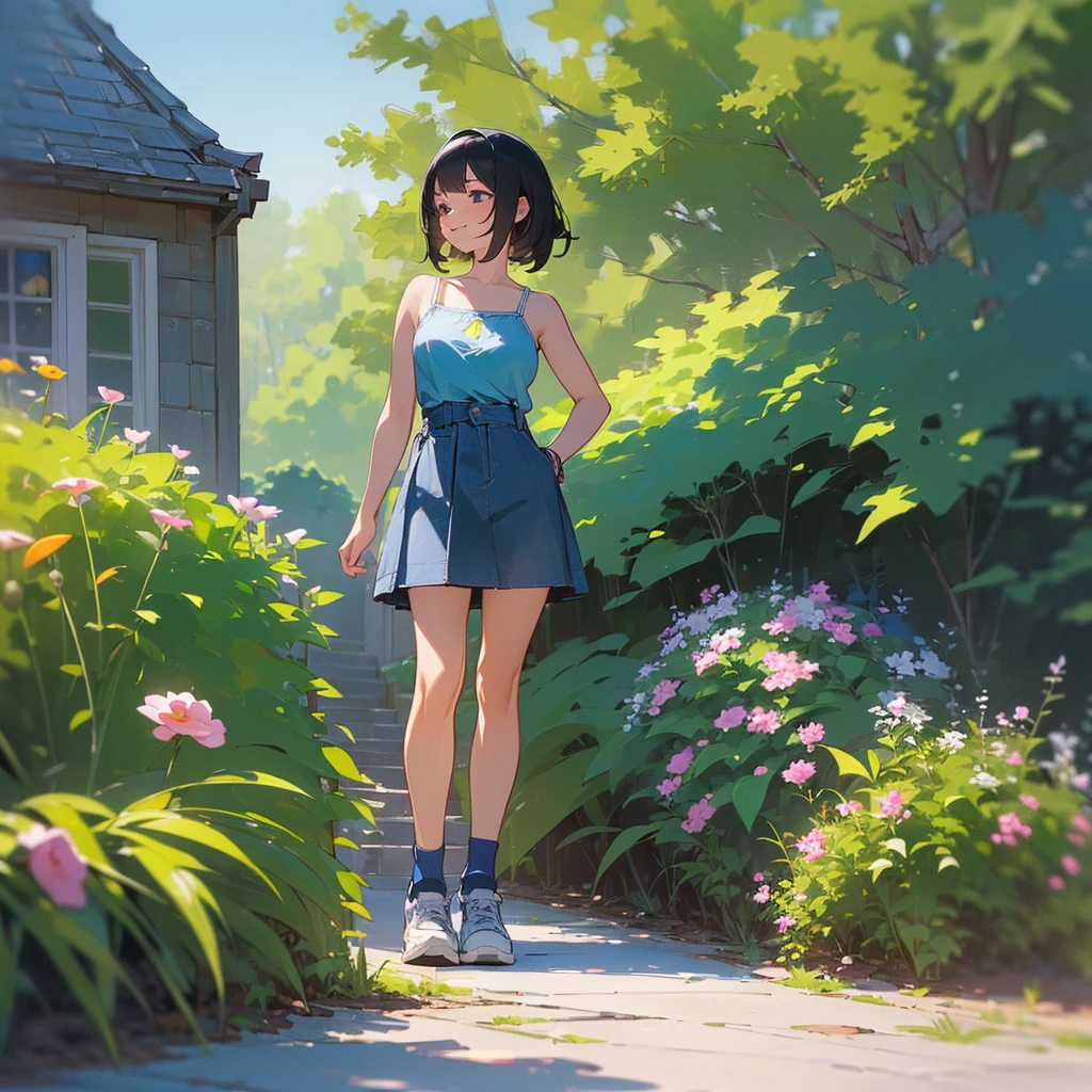 (high quality, High resolution, Very detailed, reality:1.37), Peaceful atmosphere, (Outdoor, garden), Teenage girl standing alone, (my breasts are big.), Beautiful details, Cute Smile, (Black bob hair), camisole, Denim skirt, Blue socks, sneakers.