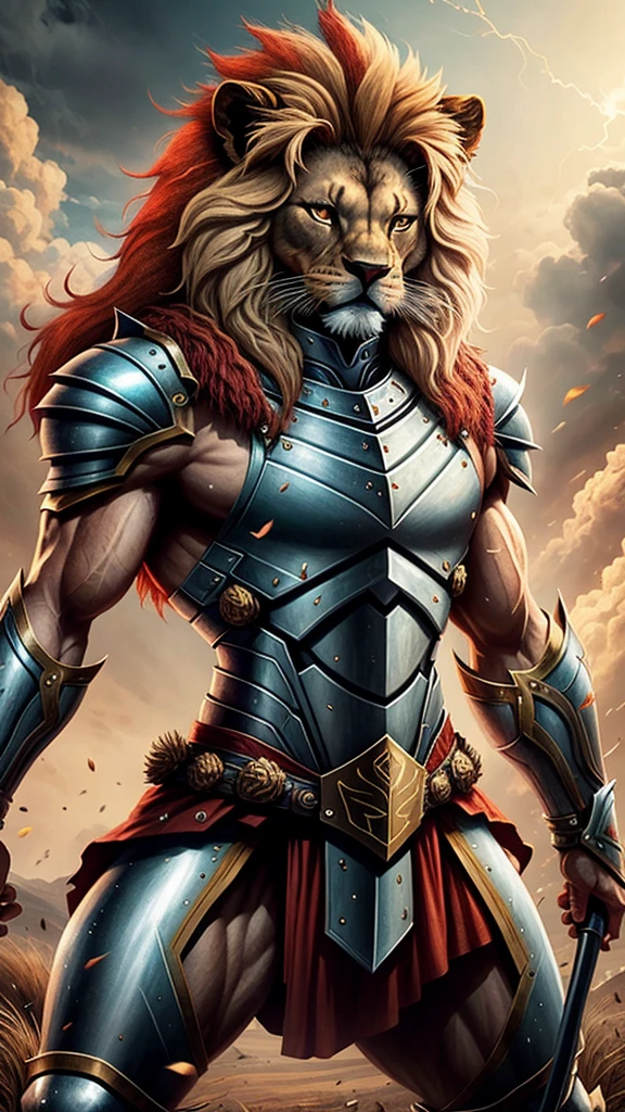 Lion Thundercats,vestido como guerreiro shit com armadura spartana