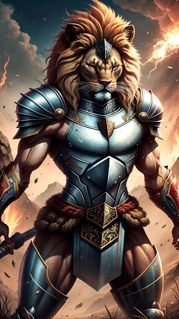 Lion Thundercats,vestido como guerreiro shit com armadura spartana