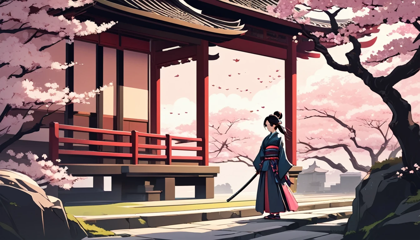Female samurai,Japanese temple with cherry blossoms in the background、 Wide-angle lens, Lofi Anime, Lofi illustration, Aesthetic atmosphere, Lo-Fi Style, Vector art, Flat Design, Simple shape, Warm tones, Pleasant atmosphere, Chill, In anime style, Digital drawing, Vector art, Vector logo for t-shirt printing, (Adorable:1.5), (small:1.4), (Playful:1.2), (soft:1.3), (Whimsical:1.1), masterpiece, Highest quality, 8k, Intricate details, grow, Celestial, Mysterious, Picturesque, amazing, Majestic, Magic, Fantasy art, Cover art, dream-like