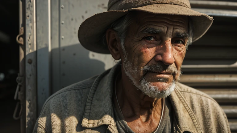 A senior man traveling everywhere, portrait of an old vendor, detailed face, wrinkled skin, weathered expression, worn clothes, traveling bag, dusty road, warm lighting, cinematic composition, muted color palette, natural lighting, realistic, photorealistic, ultra-detailed, 8k, best quality