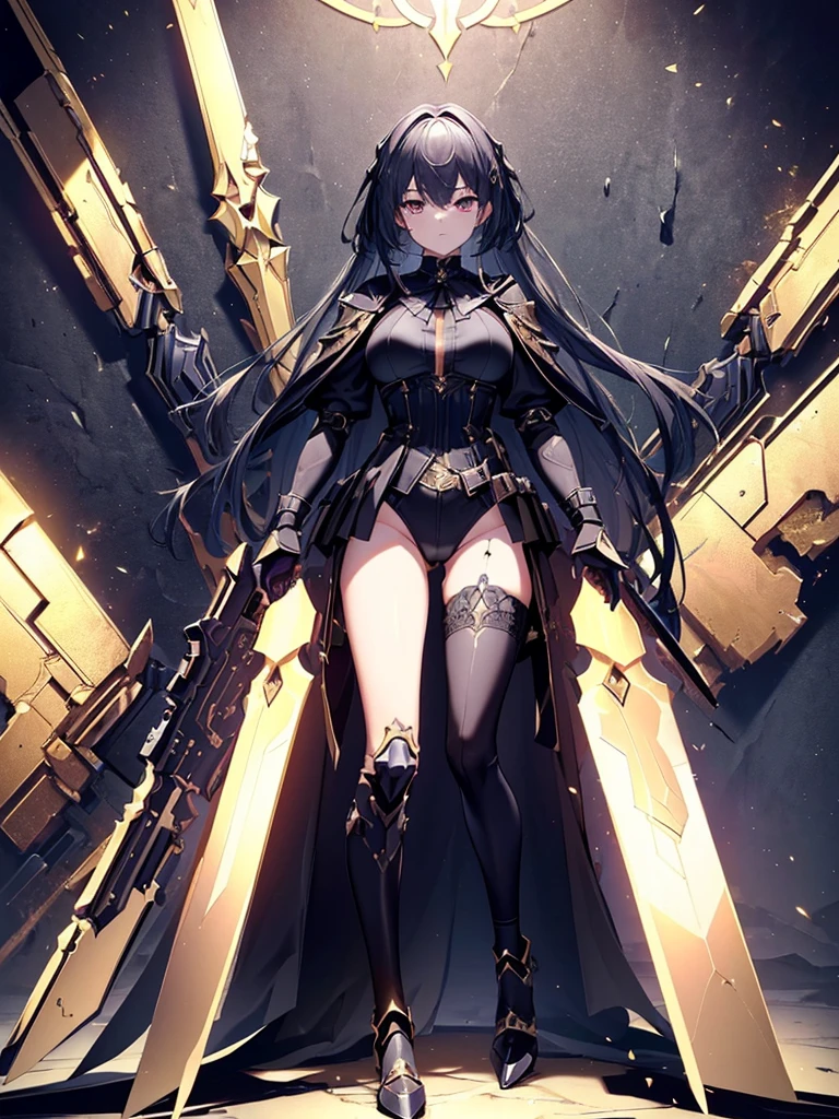(((masterpiece, best quality, high detailed, 8k))) Design a layout showcase Gaming character, (1girl). Black|Gold clothes, stylish and unique. ((showcase weapon:1.4)), dark scythe. (masterpiece:1.2), (best quality), 4k, ultra-detailed. (Step by step design, layout art:1.5), (luminous lighting, atmospheric lighting). necromancer, ((glove full hands)), (((revealing clothes:1.3))), vambraces, armored legwear, (((full_body_shot:1.4))). {In a haunted graveyard}.
