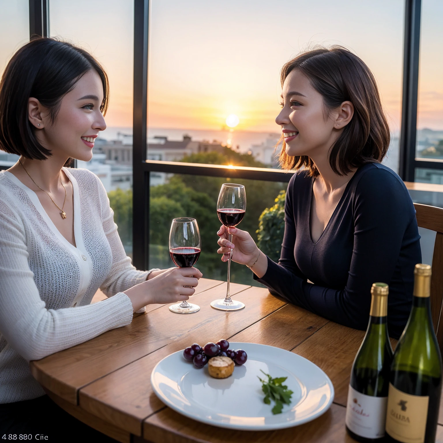 ((Highest quality、8k、masterpiece:1.3))、 (Genuineistic, Genuine、Bright image、Intricate details:1.2), 最高のsmile、1 male,1 female、Beautiful couple、spouse、fiancee、Good friends、actress couple、smile、Full-course dinner at a packed table、 (Slim face), (the body is slim), (Brown Hair), (short hair), テーブルのwine glass、Please shine a light on my face、 Amazing view of the sunset sky and clouds、 (42 years old)38 years old, red wine 、Appetizers、Wine bottle、sparkling wine、Long sleeve shirt、dress、White wine, red wine, wine glass,