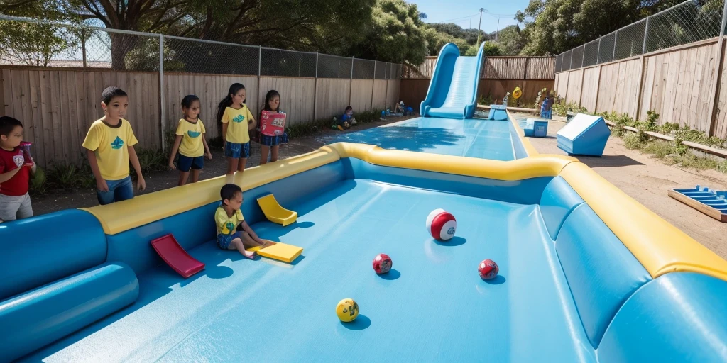 "Crie uma imagem ilustrando uma 'Caixa de Enfileirar'. Imagine a line of children waiting to go down a slide. Each has a toy in their hand, and the first ??? in line is about to go down the slide. Ao lado, a magic box is organizing the toys that children will pick up to play, mostrando que quem chega primeiro, brinca primeiro."