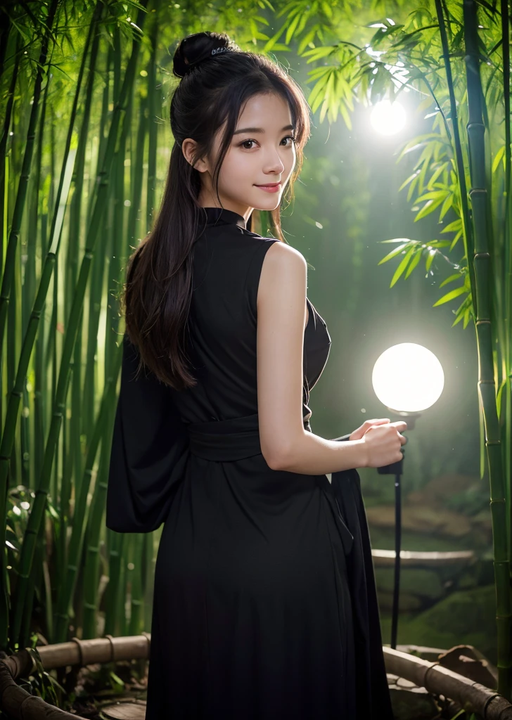（Realistic, photo-Realistic:1.37),(8k, RAW Photos, Highest quality, masterpiece:1.2), cute, Ultra-detailed, 超High resolution, Kodak Vision Color, Filmed with an Arricam LT camera,Highest quality, sexy、Nipples are visible、Cleavage、turn around and look back、Lively, 8K, High resolution, 1 girl, Escape, (Professional Lighting), (Portraiture:0.6), Moss-covered Japanese garden、bamboo forest、bamboo forestの中を駆け抜ける、midnight、Get naked、Pitch black、There are no street lights, the only light is the moonlight、Full moon in the night sky、Bun Head、Ninja House、Smile、Black Hair, (Medium Hair）,21 years old、slender、With a shuriken、Japanese，Medium Hair、(RAW shooting, Photorealistic:1.5, 8k, Highest quality, masterpiece, 超High resolution),  ninjitsu style, Magic Light, Chakra Light, aura
