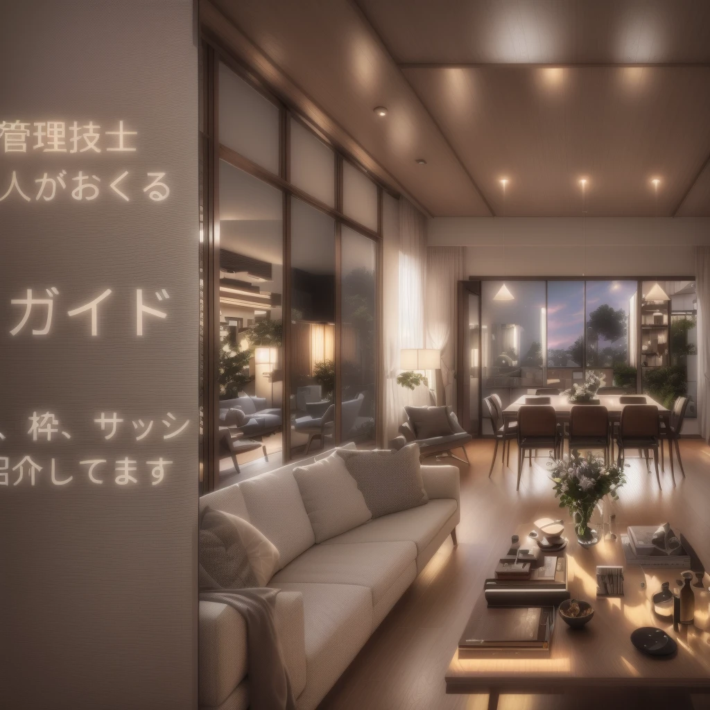 there is a living room with a couch and a table in it, Advertising images, Residential area, Luxurious surroundings, living room, Beasts, archviz, modern living room, celestial beings, Japanese House, in house, Residential, Natural light. 8k yen, Ultra-realistic, Ultra-realistic, v ray, Video Ray,Text clipping,neat,