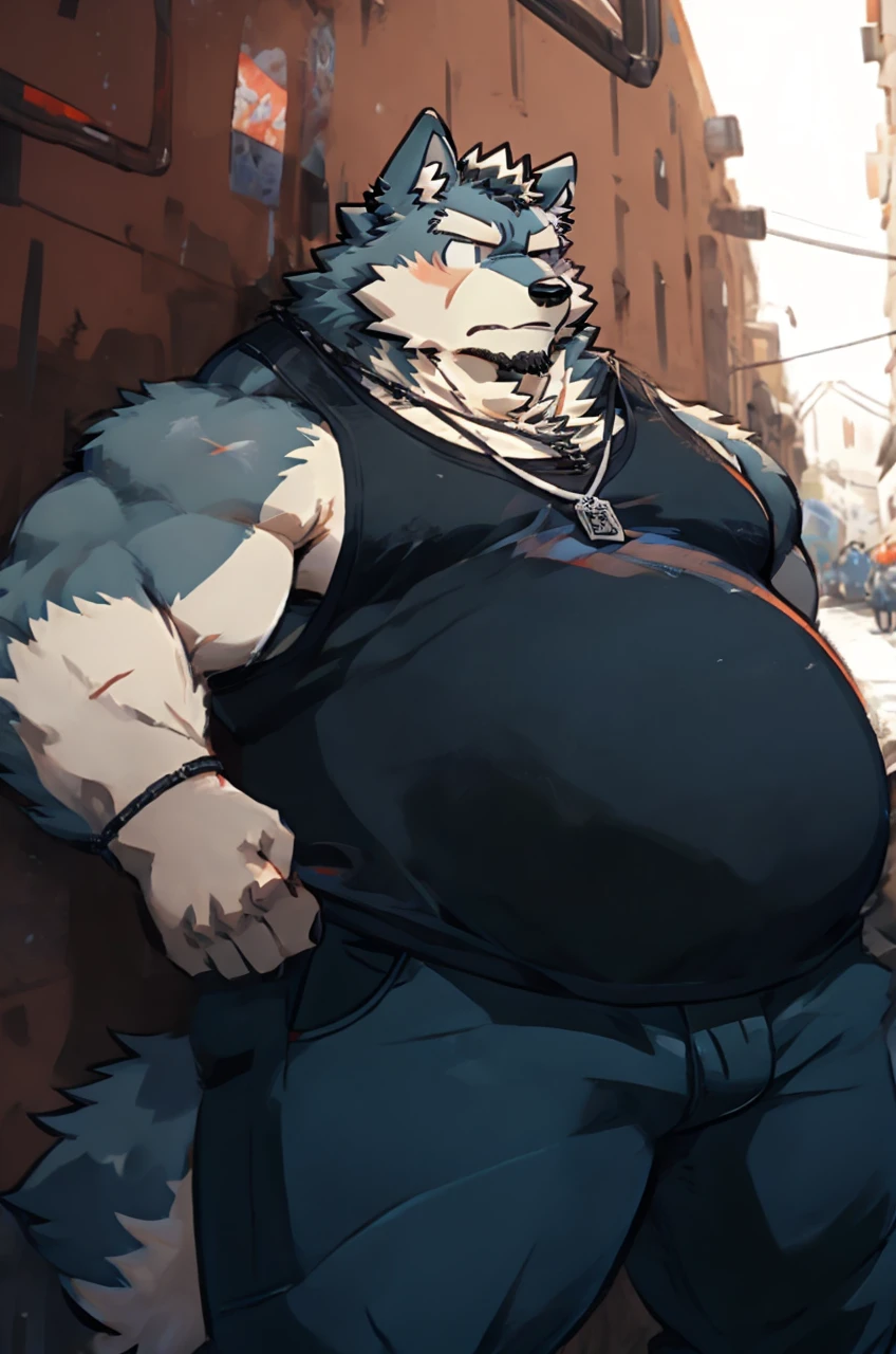 sketch of anthro overweight wolf with big round belly stands in an urban alleyway. serious expression is marked by a small scar on his cheek. He sports a black tank top, blue jeans, and a dog tag necklace, digital art, anime stylish style, kemono art, e621, pixiv, cartoonish