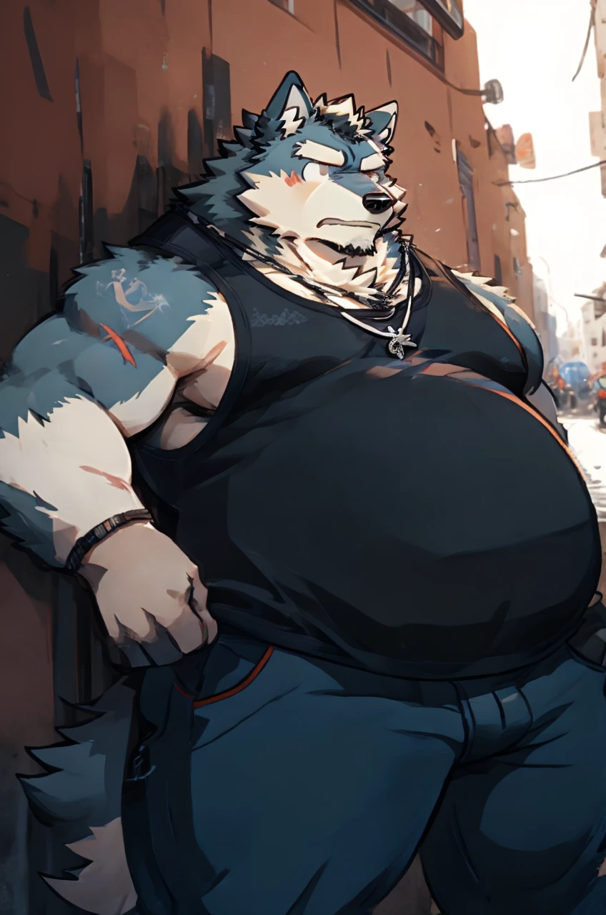 sketch of anthro overweight wolf with big round belly stands in an urban alleyway. serious expression is marked by a small scar on his cheek. He sports a black tank top, blue jeans, and a dog tag necklace, digital art, anime stylish style, kemono art, e621, pixiv, cartoonish