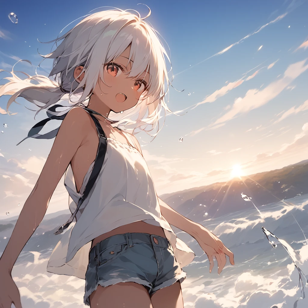 score_9, score_8_up, score_7_up, source_anime, best quality, masterpiece, official art, absurdres, highres, ultra-detailed,waifu2x,Collection: Slice of Life,break,1girl, tomboy, dark-skinned female, short hair, low ponytail, flat chest, beautiful detailed eyes, short shorts, sweat, open mouth, (yawn:0.3), sleepily, outdoors, wind, break,(clear line illustration:1.2),very high resolution, very aesthetic, super detailed skin, Best sexual lighting powered by famous artist, 8k,cute picture,beauty illustration,photoshop_(medium),,(Detailed Lighting),best anime 8k konachan wallpaper, pixiv contest winner,