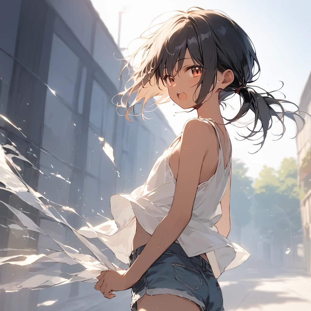 score_9, score_8_up, score_7_up, source_anime, best quality, masterpiece, official art, absurdres, highres, ultra-detailed,waifu2x,Collection: Slice of Life,break,1girl, tomboy, dark-skinned female, short hair, low ponytail, flat chest, beautiful detailed eyes, short shorts, sweat, open mouth, (yawn:0.3), sleepily, outdoors, wind, break,(clear line illustration:1.2),very high resolution, very aesthetic, super detailed skin, Best sexual lighting powered by famous artist, 8k,cute picture,beauty illustration,photoshop_(medium),,(Detailed Lighting),best anime 8k konachan wallpaper, pixiv contest winner,