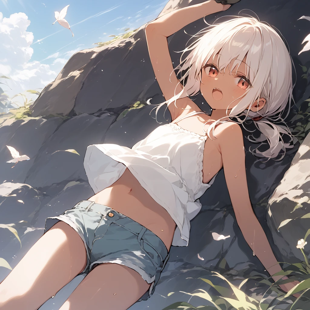 score_9, score_8_up, score_7_up, source_anime, best quality, masterpiece, official art, absurdres, highres, ultra-detailed,waifu2x,Collection: Slice of Life,break,1girl, tomboy, dark-skinned female, short hair, low ponytail, flat chest, beautiful detailed eyes, short shorts, sweat, open mouth, (yawn:0.3), sleepily, outdoors, wind, break,(clear line illustration:1.2),very high resolution, very aesthetic, super detailed skin, Best sexual lighting powered by famous artist, 8k,cute picture,beauty illustration,photoshop_(medium),,(Detailed Lighting),best anime 8k konachan wallpaper, pixiv contest winner,