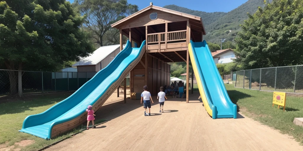 "Crie uma imagem ilustrando uma 'Caixa de Enfileirar'. Imagine a line of children waiting to go down a slide. Each has a toy in their hand, and the first kid in line is about to go down the slide. Ao lado, a magic box is organizing the toys that children will pick up to play, mostrando que quem chega primeiro, brinca primeiro."