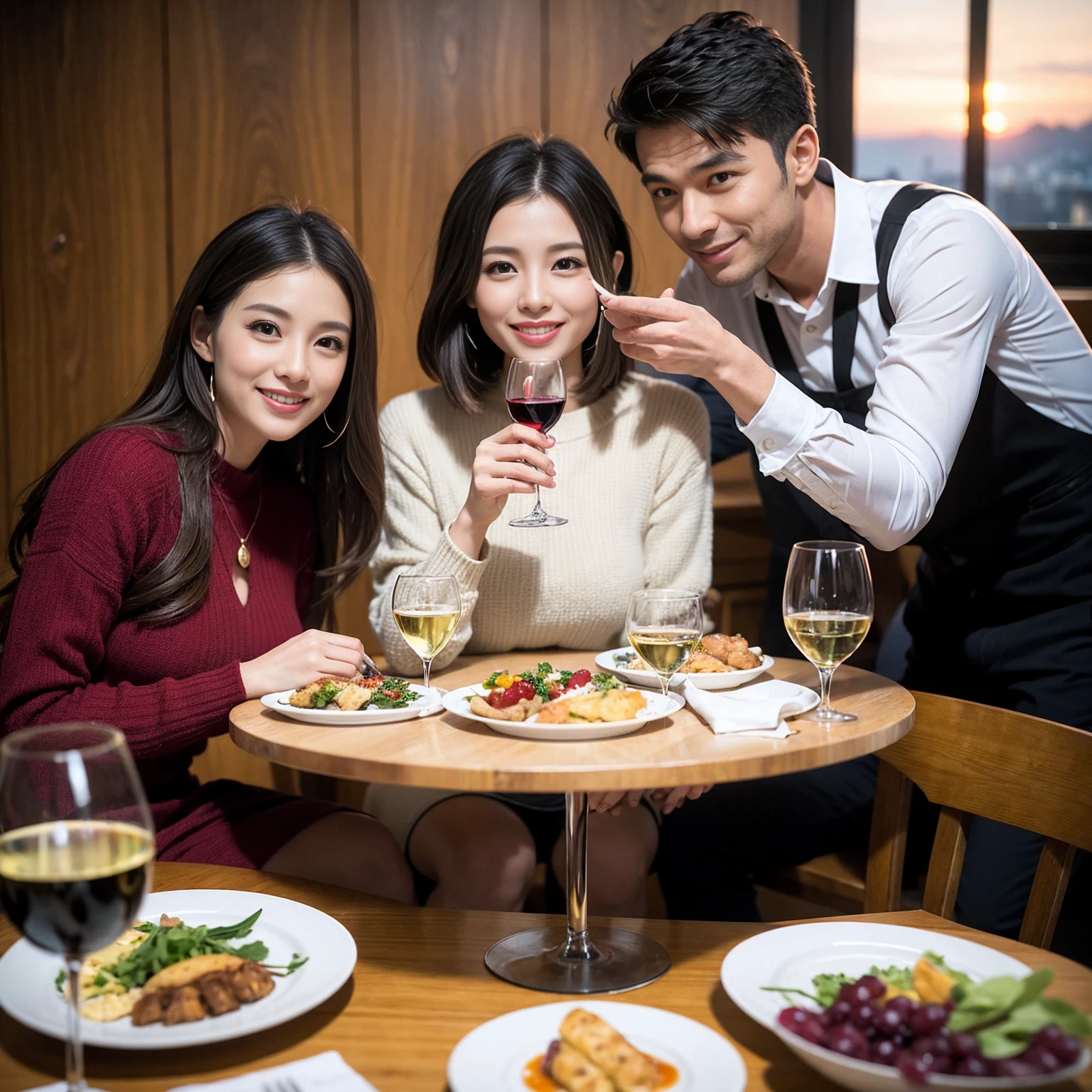 ((Highest quality、8k、masterpiece:1.3))、 (Genuineistic, Genuine、Bright image、Intricate details:1.2), 最高のsmile、1 male 1 female、Beautiful couple、spouse、fiancee、Good friends、actress couple、smile、Full-course dinner at a packed table、 (Slim face), (the body is slim), (Brown Hair), (short hair), テーブルのwine glass、Please shine a light on my face、 Amazing view of the sunset sky and clouds、 (42 years old)38 years old, red wine 、Appetizers、Wine bottle、sparkling wine、Long sleeve shirt、dress、White wine, red wine, wine glass,