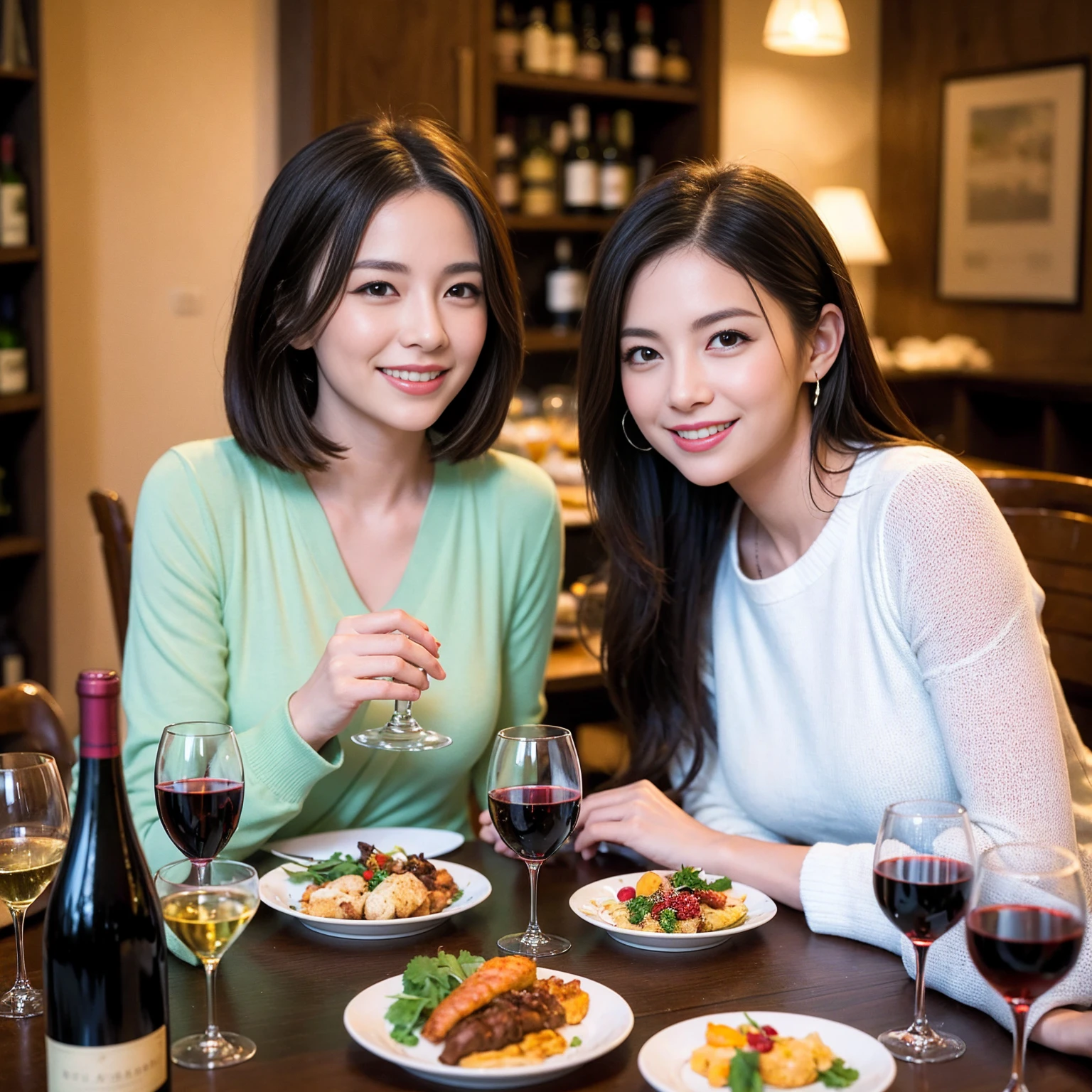 ((Highest quality、8k、masterpiece:1.3))、 (Genuineistic, Genuine、Bright image、Intricate details:1.2), 最高のsmile、1 male 1 female、Beautiful couple、spouse、fiancee、Good friends、actress couple、smile、Full-course dinner at a packed table、 (Slim face), (the body is slim), (Brown Hair), (short hair), テーブルのwine glass、Please shine a light on my face、 Amazing view of the sunset sky and clouds、 (42 years old)38 years old, red wine 、Appetizers、Wine bottle、sparkling wine、Long sleeve shirt、dress、White wine, red wine, wine glass,