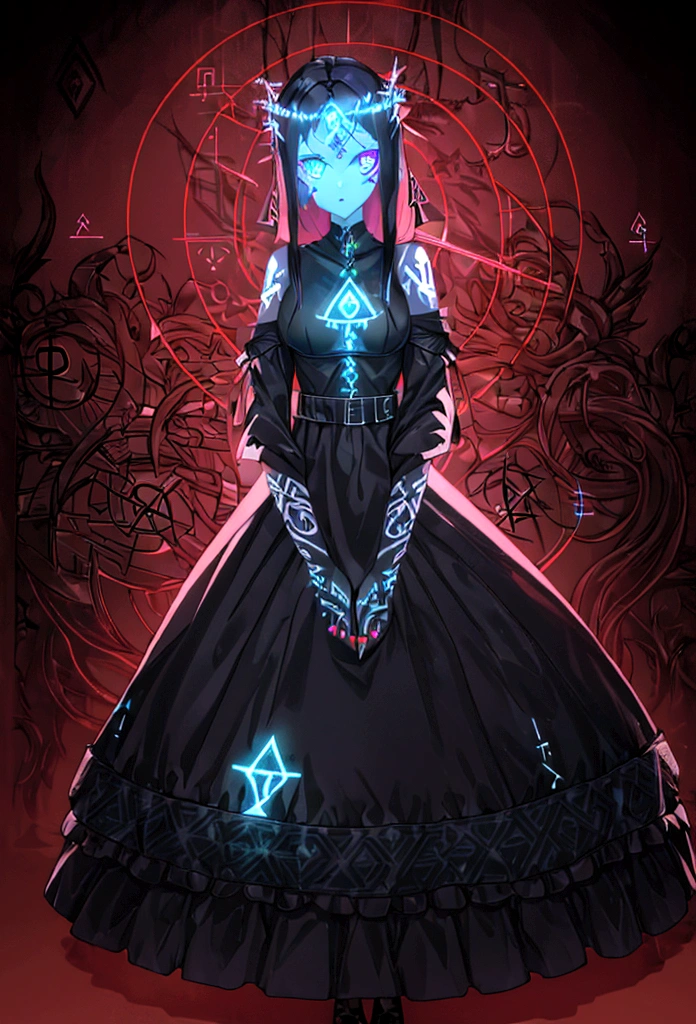 4K high resolution, one female, (((Glowing Rune Tattoos))), red and black hair, princess knight pants gown dress, circlet