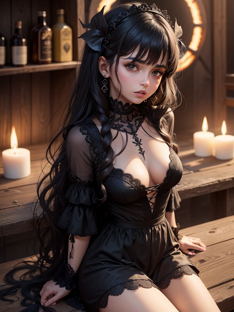 Gotica culona, tetona, demonio, alas negras, fuego
