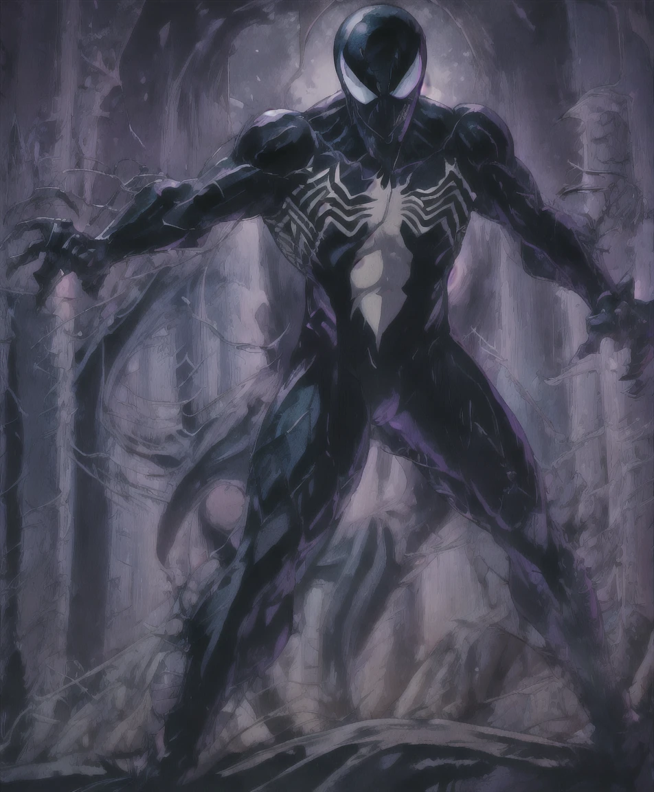 a menacing venom symbiote, extremely muscular, with purple eyes, sinister expression, dark veiny body, horror sci-fi, dark moody lighting, cinematic, dramatic composition, masterpiece, best quality, 8k, hyperrealistic, chiaroscuro, dramatic shadows