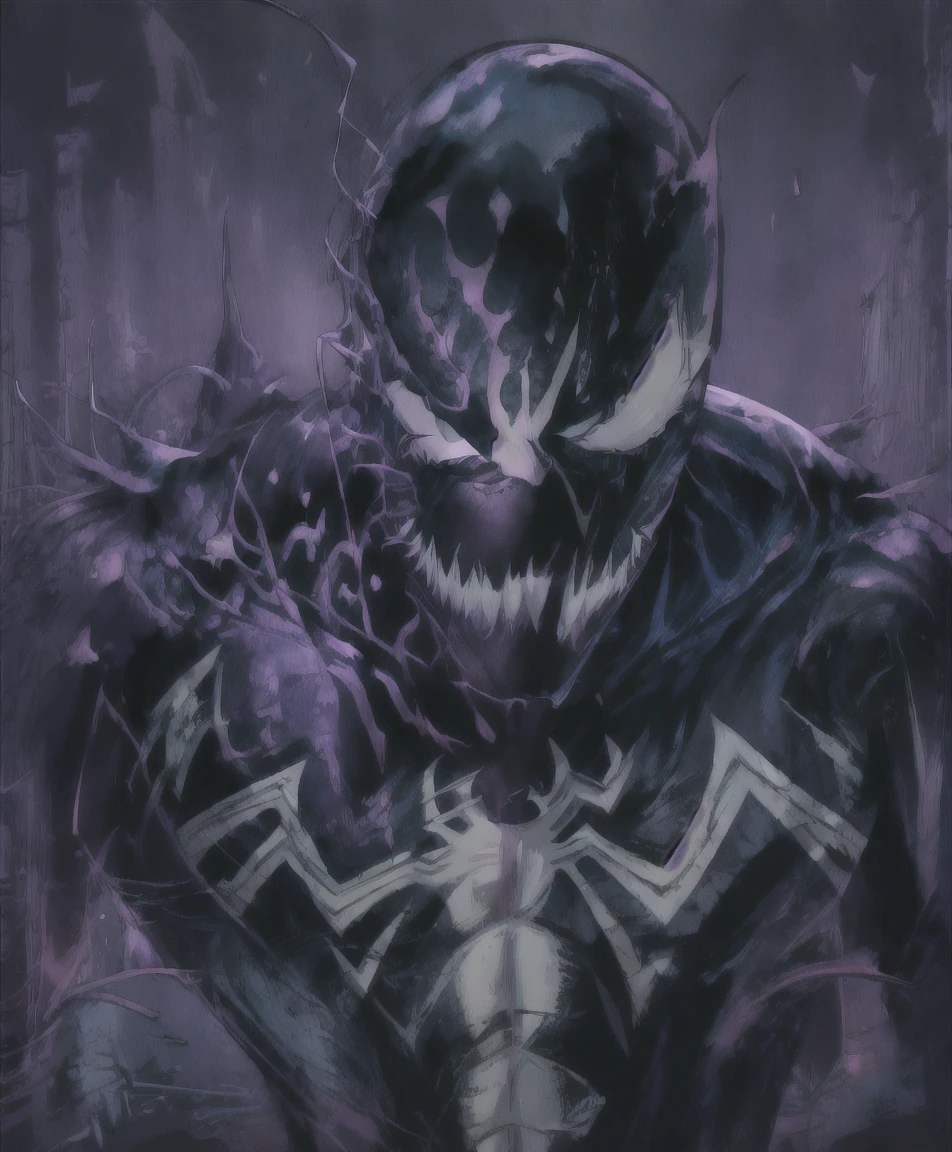 a menacing venom symbiote, extremely muscular, with purple eyes, sinister expression, dark veiny body, horror sci-fi, dark moody lighting, cinematic, dramatic composition, masterpiece, best quality, 8k, hyperrealistic, chiaroscuro, dramatic shadows