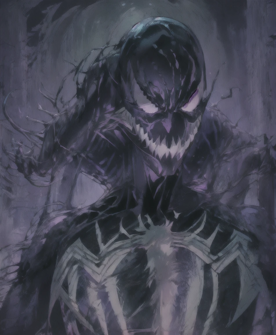 a menacing venom symbiote, extremely muscular, with purple eyes, sinister expression, dark veiny body, horror sci-fi, dark moody lighting, cinematic, dramatic composition, masterpiece, best quality, 8k, hyperrealistic, chiaroscuro, dramatic shadows