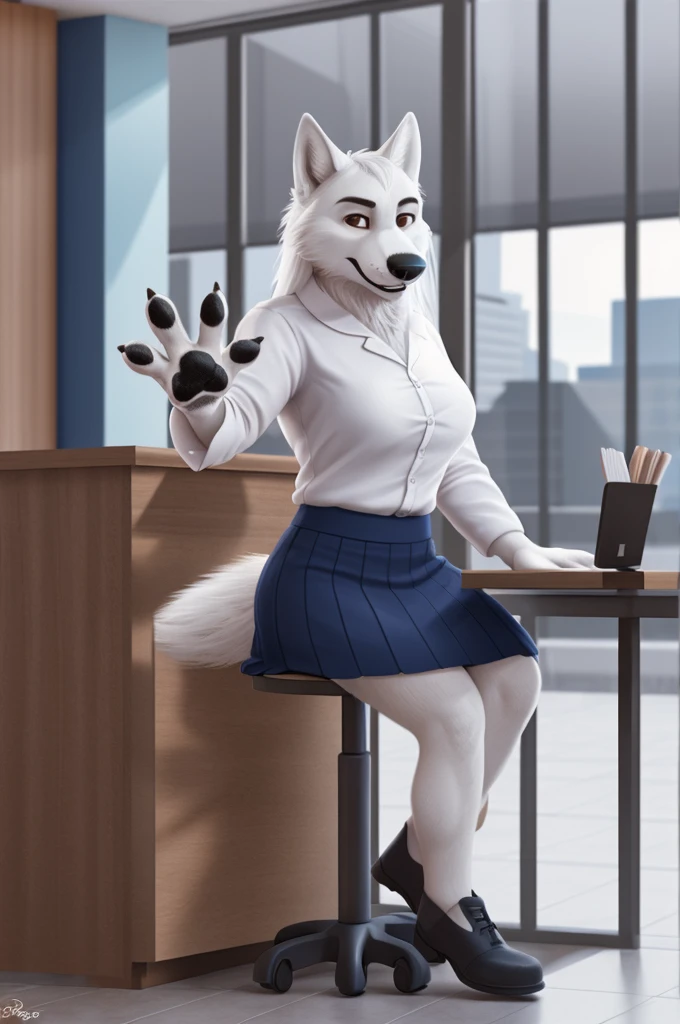 Barbara\(Moscow\), (white body:1.3), white fur, Brown eyes, Moscow, dressed, bank employee uniform,White shirt, длинная skirt, long hair,shoes,skirt, is sitting, canine, wolf, Detailed fur, Female, breast, antro, paw pads, finger claws, waving, waving at viewer, 5 fingers, paws, 4 toes,ring, bank office work,
BREAK from nextel, for dating, by xenoforge, (difficult, high detail, film photography, soft focus, RAW is sitting,
Photorealism, realistic, photorealistic, digital style, Subsurface scattering,
masterpiece, Best quality, ultra realistic, 8 k)