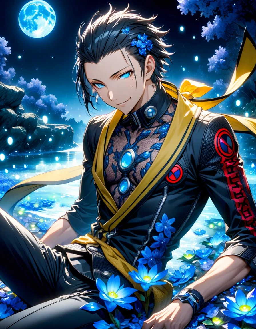Ultra detailed, Highres, absurdres, HDR, Mochizuki Ryouji, black hair, slicked back hair, expressive blue eyes, yellow scarf with black patterns, Persona 3, fantasy, petals, handsome, sexy man, solo, very detailed eyes and face, master piece, blue flowers, shining blue fireflies, petals, magical, water, mole under his left eye, black pants, white shirt, toned chest, blue moon, sitting, smirking