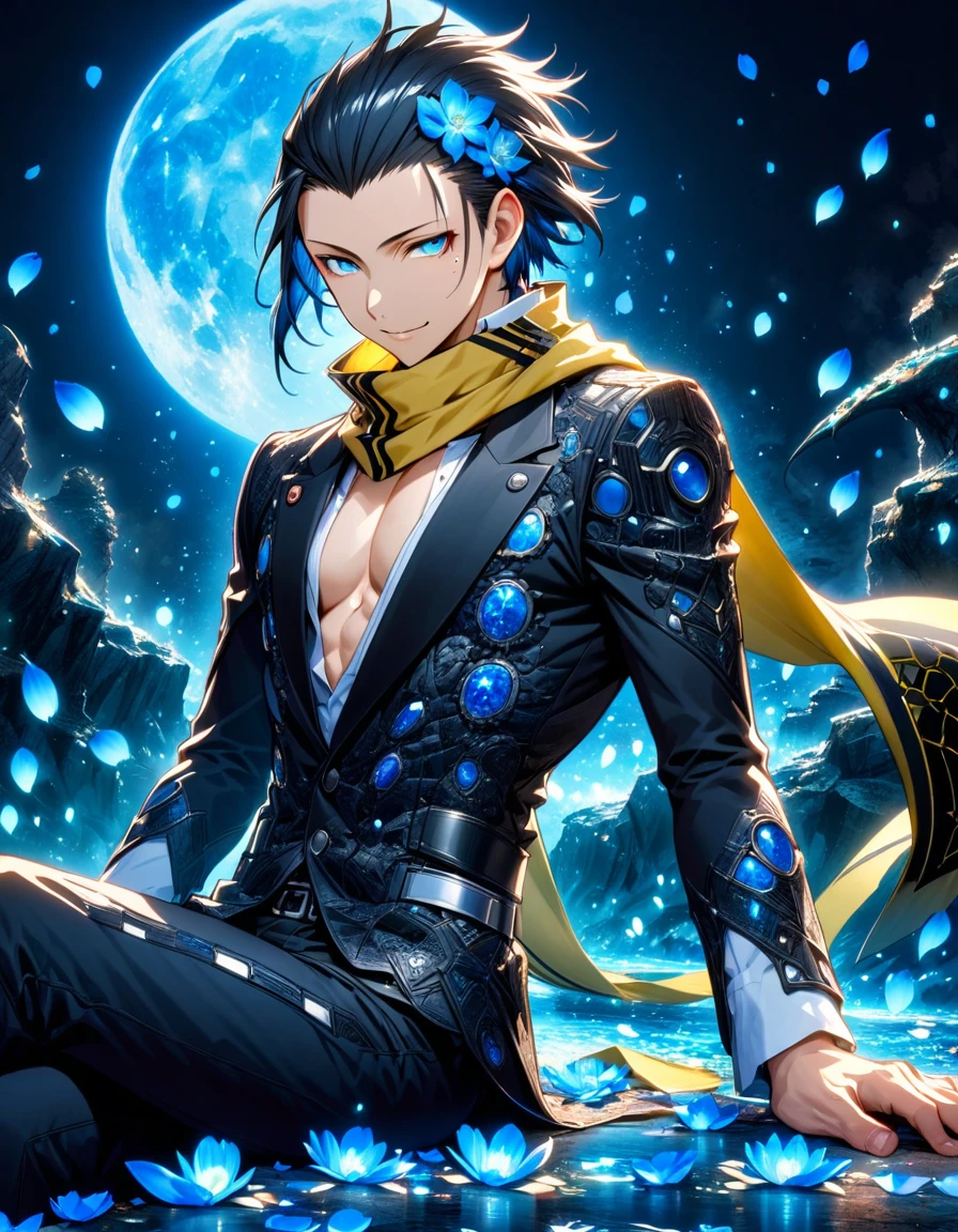 Ultra detailed, Highres, absurdres, HDR, Mochizuki Ryouji, black hair, slicked back hair, expressive blue eyes, yellow scarf with black patterns, Persona 3, fantasy, petals, handsome, sexy man, solo, very detailed eyes and face, master piece, blue flowers, shining blue fireflies, petals, magical, water, mole under his left eye, black pants, white shirt, toned chest, blue moon, sitting, smirking