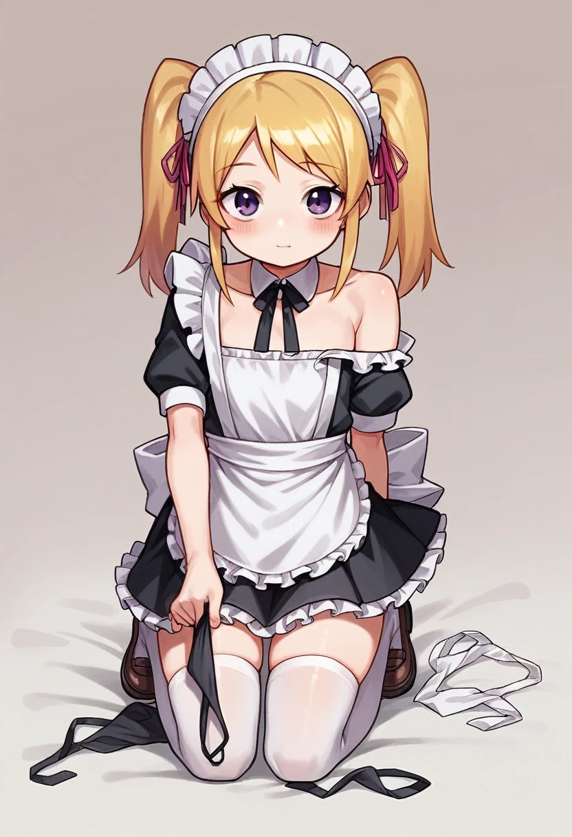 masterpiece1.0, best quality1.0, FHD1.0, female , 
****,cute,cute,cute, cheerful, kneeling, looking at viewer, twintail, blonde,  , hair ribbon, thighhighs, ((((((frilled clothing)))))), ((((((off shoulder)))))), ((((((undone clothing)))))), ((((((mini skirt)))))), ((((((maid)))))), ((((((apron)))))), ((((((absurdres)))))), ((((((kawaii)))))), ((((((cel anime)))))),fullbody