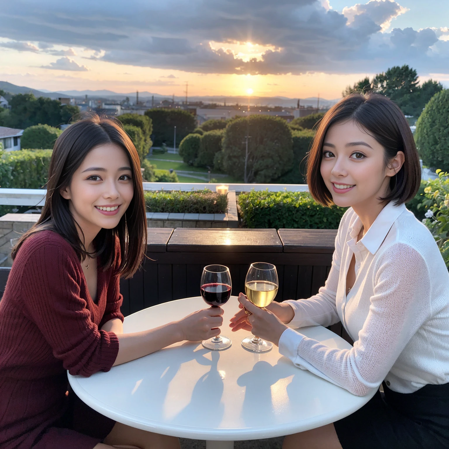 ((Highest quality、8k、masterpiece:1.3))、 (Genuineistic, Genuine、Bright image、Intricate details:1.2), 最高のsmile、1 male, 1 female、Beautiful couple、Satomi Ishihara-like lover、Good friends、actress couple、smile、Full-course dinner at a packed table、 (Slim face), (the body is slim), (Brown Hair), (short hair), テーブルのwine glass、Please shine a light on my face、 Amazing view of the sunset sky and clouds、 (36 years old)38 years old, red wine 、Appetizers、Wine bottle、sparkling wine、Long sleeve shirt、dress、White wine, red wine, wine glass,