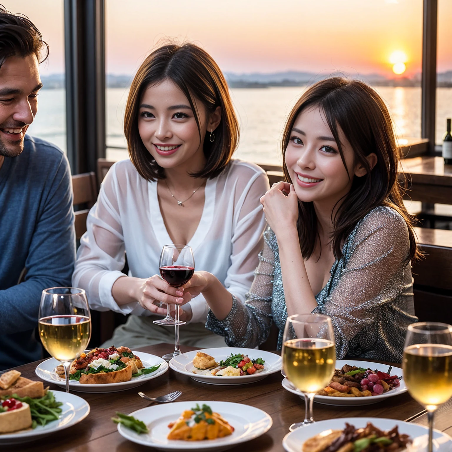 ((Highest quality、8k、masterpiece:1.3))、 (Genuineistic, Genuine、Bright image、Intricate details:1.2), 最高のsmile、1 male, 1 female、Beautiful couple、Satomi Ishihara-like lover、Good friends、actress couple、smile、Full-course dinner at a packed table、 (Slim face), (the body is slim), (Brown Hair), (short hair), テーブルのwine glass、Please shine a light on my face、 Amazing view of the sunset sky and clouds、 (36 years old)38 years old, red wine 、Appetizers、Wine bottle、sparkling wine、Long sleeve shirt、dress、White wine, red wine, wine glass,