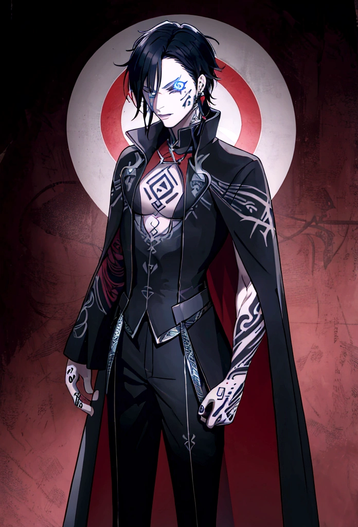 4K high resolution, one male, (((Rune Tattoos))), red and black hair, prince Knight dress suit, cape